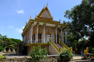 Cambodia Phnom Penh - Botumvatey Temple area with historical and decorative designed outbuilding