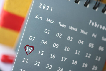 February 14 is marked with heart in calendar