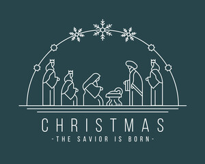 christmas ,the savior is born banner with white line Nativity of Jesus scene and Three wise men in the semicircle and snow sign
