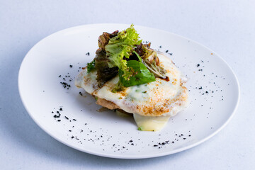 Italian chicken mozzarella in a white plate isolated on a white background close up.