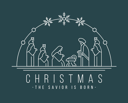 christmas ,the savior is born banner with white line Nativity of Jesus scene and Three wise men in the semicircle and snow sign