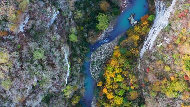 Khosta river in Russia. Aerial view of the river of Khosta in Caucasus Mountains in Russia