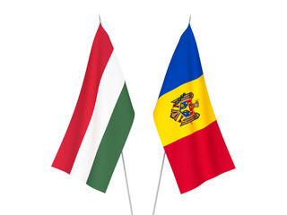 National fabric flags of Moldova and Hungary isolated on white background. 3d rendering illustration.