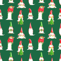 Watercolor Christmas gnomes seamless pattern. Cute elves drawing on dark green background. Fairy characters with Christmas tree, gift bag, gift box for New year, xmas decor, print, cards, wrapping.