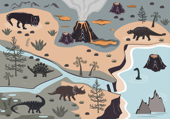 Cartoon kids playmat with dinosaur, palm, and volcano mountains. Vector illustration, floor carpet or wall poster. Dino background for the children room © Toltemara