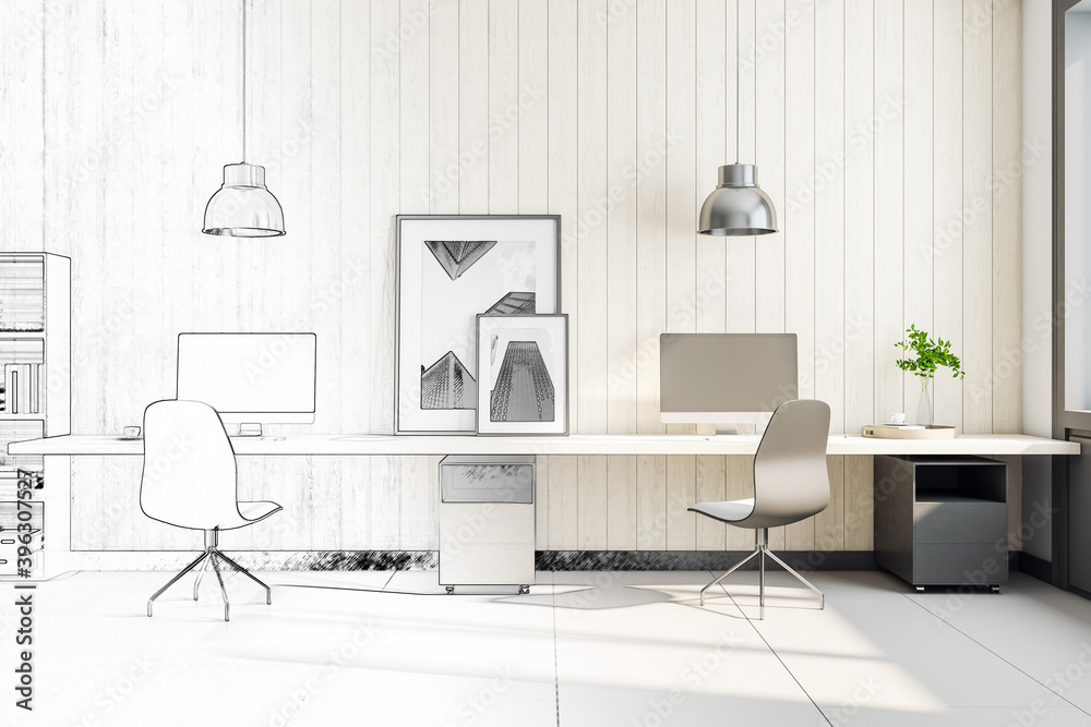Poster drawing home office desk with two computer