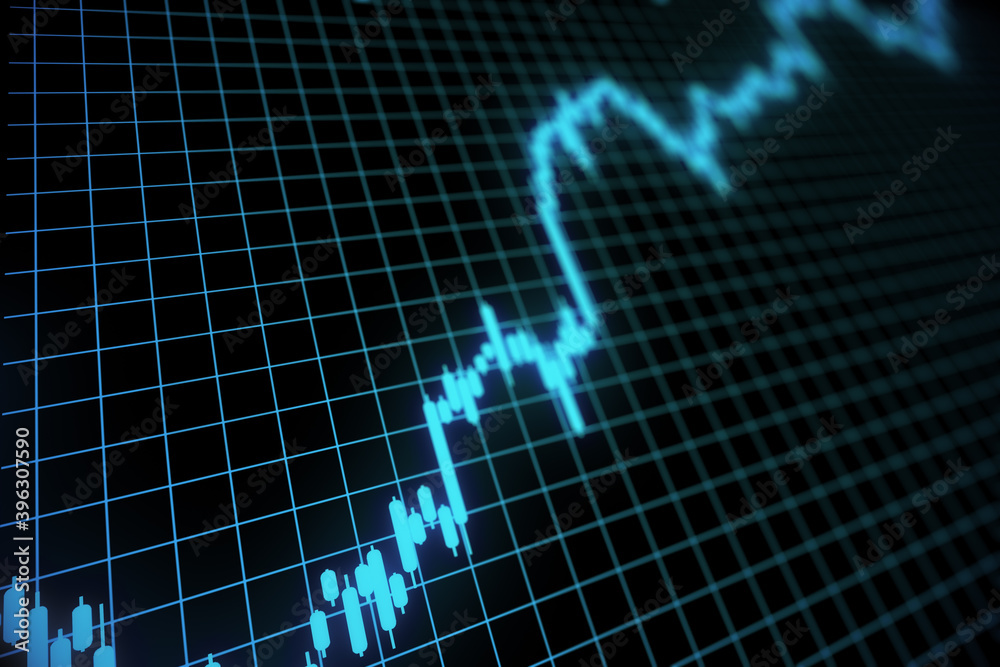 Aufkleber Glowing stock chart with candlestick and index grid. T