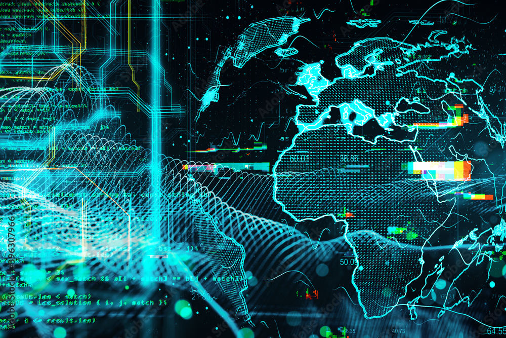 Poster Digital earth with glowing programming hologram.