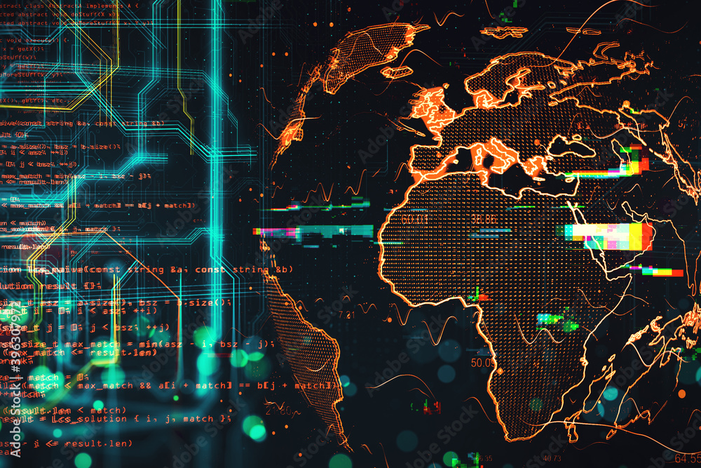 Poster Earth hologram with creative glowing programming interface.