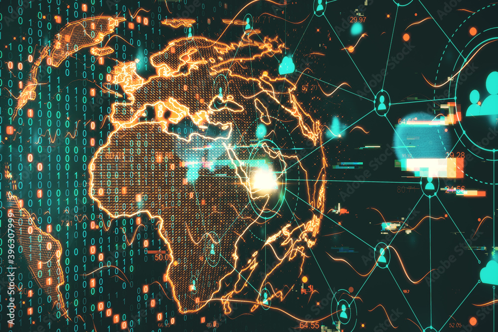 Poster Digital world map with glowing programming interface