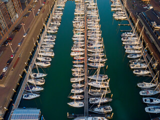 aerial view of sailing boats in a row in the marina of Scheveningen; The Hague, Netherlands