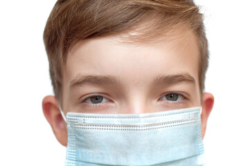 Portrait of a boy in a face mask on a white background