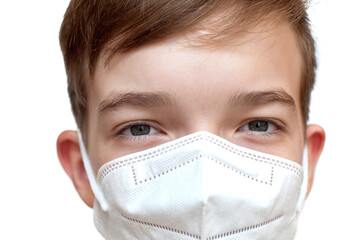 Portrait of a boy in a face mask on a white background