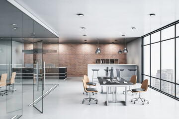 Contemporary working interior and city view.
