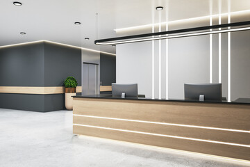 Comfortable office hall with wooden reception desk and elevator.