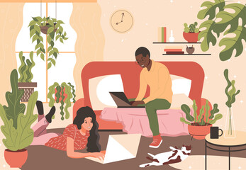 A family of African American man and European girl work from home on laptops. Freelancers work in a cozy room with house plants and a cat. Boho style flat vector illustration.