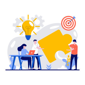 Working team collaboration, enterprise cooperation concept with tiny character. Teamwork and partnership abstract vector illustration. Finding solution, problem solving metaphor.