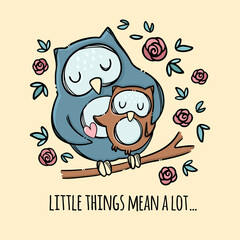 OWL HUG HER SON Mothers Day Holiday Parental Relationship Cute Birds Friend To Friend Text Hand Drawn Clip Art Vector Illustration Set For Print