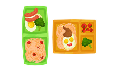 Food Tray with Sections Filled with Snack and Nutrition Vector Set