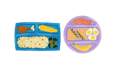 Food Tray with Sections Filled with Snack and Nutrition Vector Set