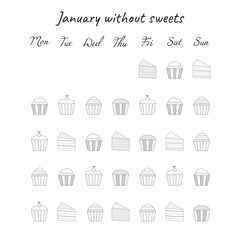 Vector illustration for printable with sweets, cakes and muffins on white background. Planner of tracker without sweets for bullet journal page, daily planner template, blank for notebook. A4 sheet.