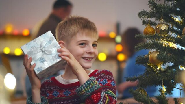 Happy preteen boy holding christmas present near decorated tree