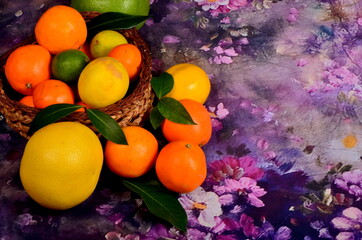 Various citrus on a background of violet fluffy fabric. Different citrus fruit