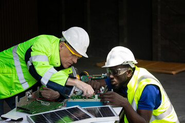 Technician checking on solar cell control panel.