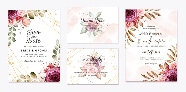 Wedding invitation template set with burgundy and brown roses flowers and leaves decoration. Botanic card design concept