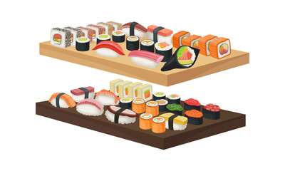Appetizing Sushi and Maki as Delicious Oriental Food on Wooden Tray Vector Set
