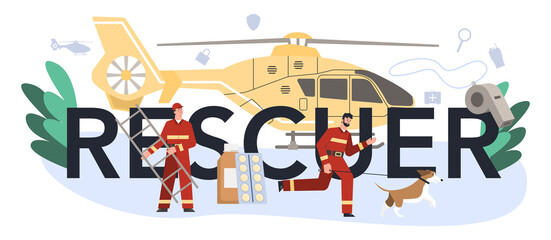 Rescuer typographic header. Ambulance lifeguard in uniform
