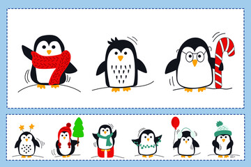 Set of winter illustrations with beautiful colored penguins. Children's pictures for games and printing. Hand drawn illustration isolated on white background.