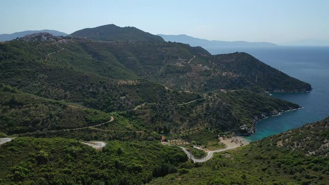 Aerial drone video of beautiful deep turquoise beach of Gialia in island of Alonissos, Sporades, Greece