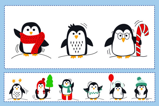 Set of winter illustrations with beautiful colored penguins. Children's pictures for games and printing. Hand drawn illustration isolated on white background.