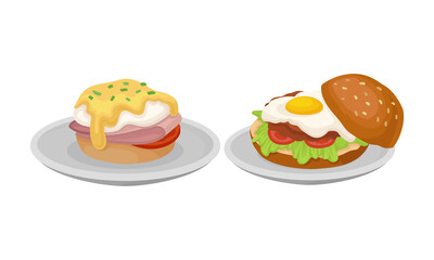 Hamburger with Scrambled Egg as Tasty Dishes with Egg Ingredient Served on Plate Vector Set