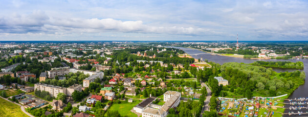 Fototapeta na wymiar Panorama of the beautiful ancient city Veliky Novgorod, view of the city from the Novgorod shaft, only surviving tower of the Novgorod rampart is the White Tower.