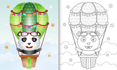 coloring book for kids with a cute panda on hot air balloon