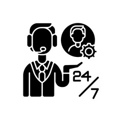 Customer support black glyph icon. Professional call center, telemarketing business. Round the clock hotline, consultation services silhouette symbol on white space. Vector isolated illustration