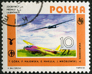 POLAND - 1984: shows Modern gliders, Lilienthal Gliding Medal, aircraft, Polish Aviation, 1984