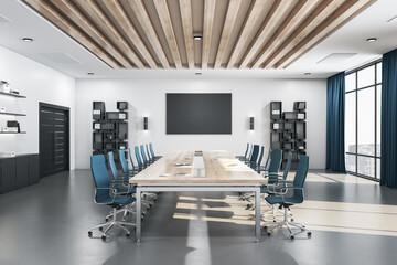 Modern conference room interior with blank tv screen.