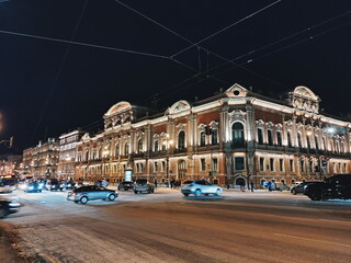 Fototapeta na wymiar Saint Petersburg Russia - March 6, 2019: night city, buildings and cars 