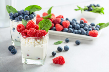 Curd dessert with berries and mint.