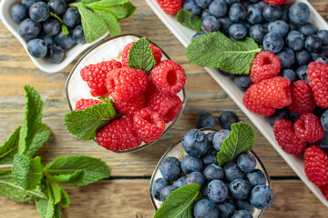 Curd dessert with berries and mint.