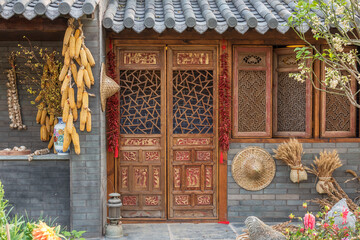 Exterior of Chinese farm house in China. Oriental background