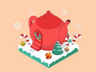 Isometric Christmas illustration. Lots of cute vector objects. A house in the form of a large red teapot, a Christmas wreath, a tree, gifts, sweets, snow, snowflakes. Suitable for postcards, posters