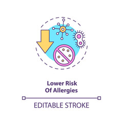 Lower risk of allergies concept icon. Breastfeeding benefits. Weaken your immune system. Viruses and germs idea thin line illustration. Vector isolated outline RGB color drawing. Editable stroke