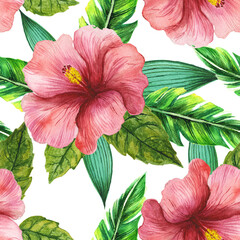 pattern with red flowers, seamless leaf, palm, tropics, exotic plants, flowers, hibiscus