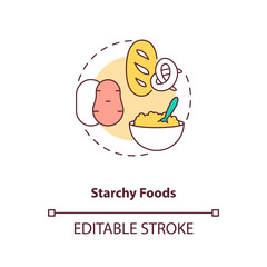 Starchy foods products concept icon. Healthy breastfeeding diet. Avoid giving unhealthy foods to children idea thin line illustration. Vector isolated outline RGB color drawing. Editable stroke