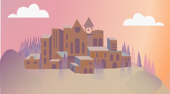 winter village houses on mountain hill landscape background flat
