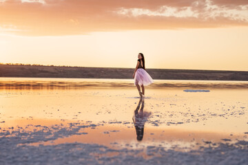 Tender girl young ballerina in a pink transparent skirt on the lake at sunset.